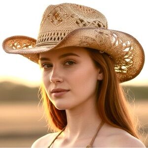 NWOT Hard Woven Straw Cowboy Style Sun Hat